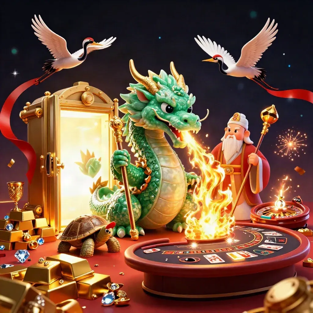 Jade dragon, turtle sage, cranes and gold vault glow in a navy casino fantasy
