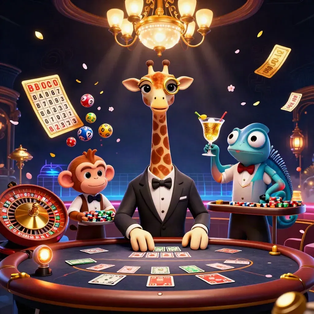 Giraffe, monkey, and chameleon in a luxe neon casino with spinning roulette and floating lottery balls
