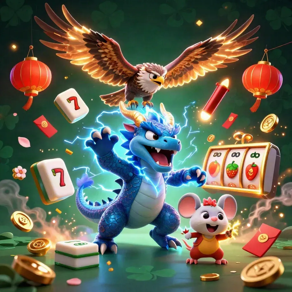 Thunder dragon, hawk, and mouse burst through casino gems and lanterns in gold-blue neon light.