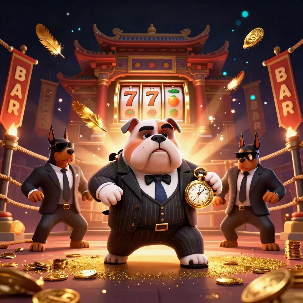 Mafia bulldog and two Dobermans in casino key art with gold bursts and temple gate