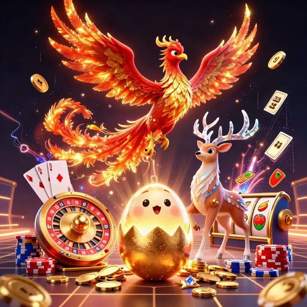 Fire phoenix, baby phoenix, and crystalline stag amid casino riches and neon energy.