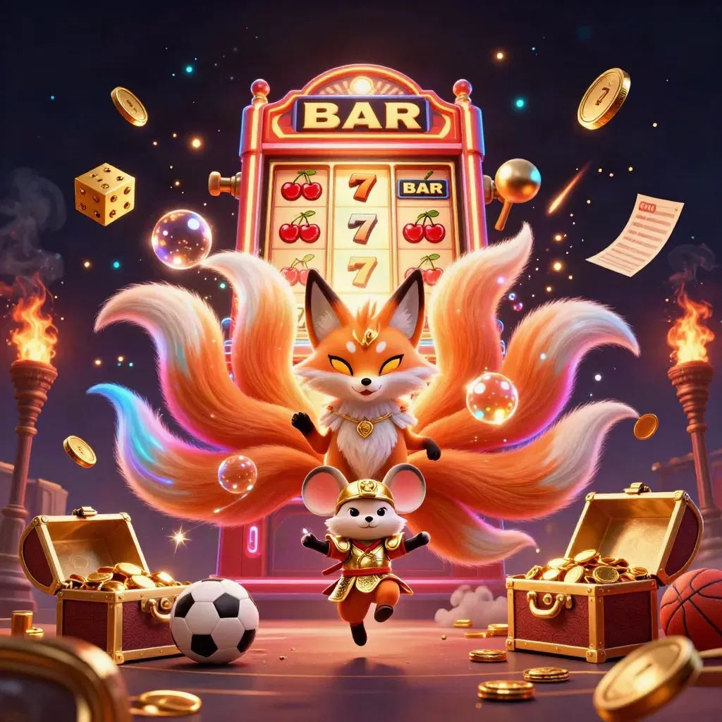 Fox spirit and samurai mouse amid exploding slots, gold coins, and neon casino effects.