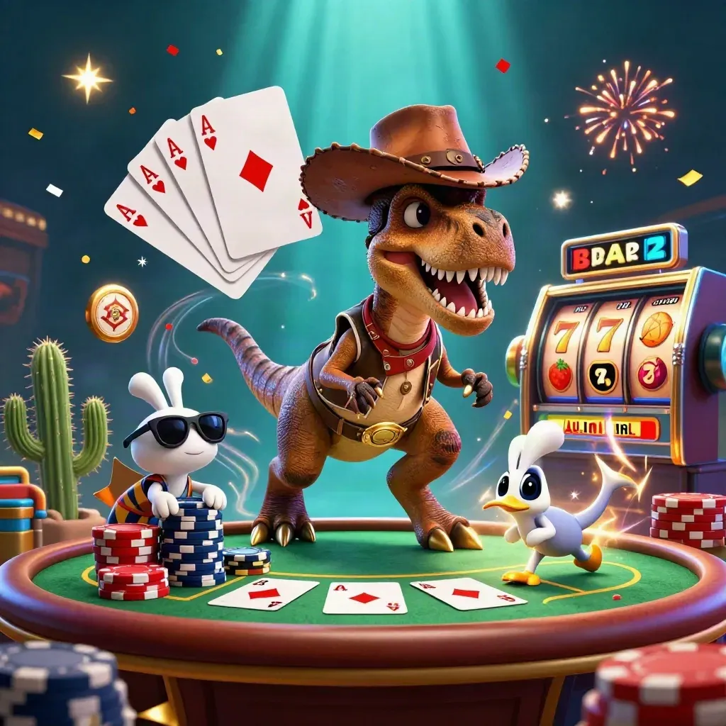 Cowboy T-Rex, cactus sidekick, and roadrunner around a casino poker table with glowing reels
