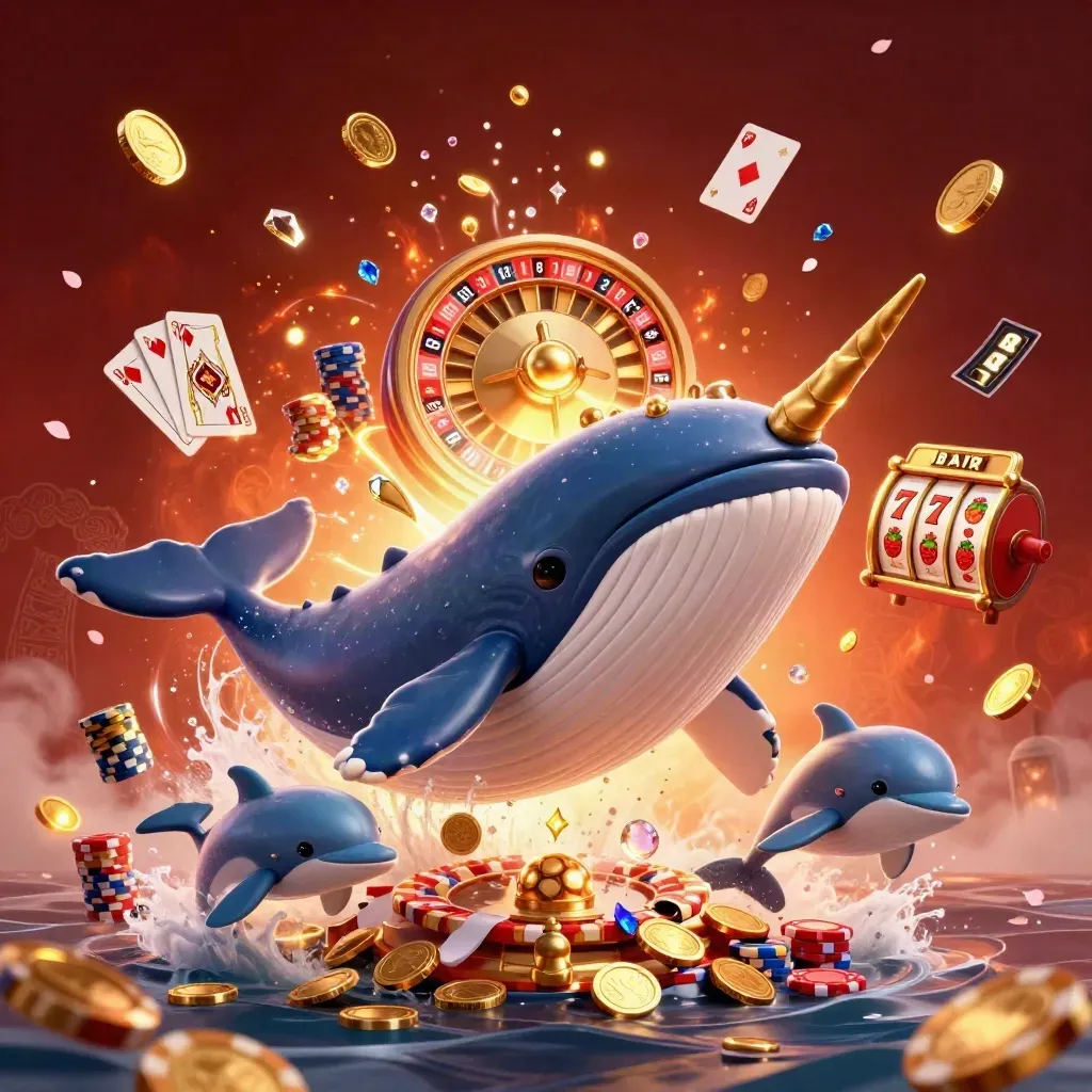 Whale captain, narwhal, and dolphins amid roulette coins, chips, and glowing casino magic.