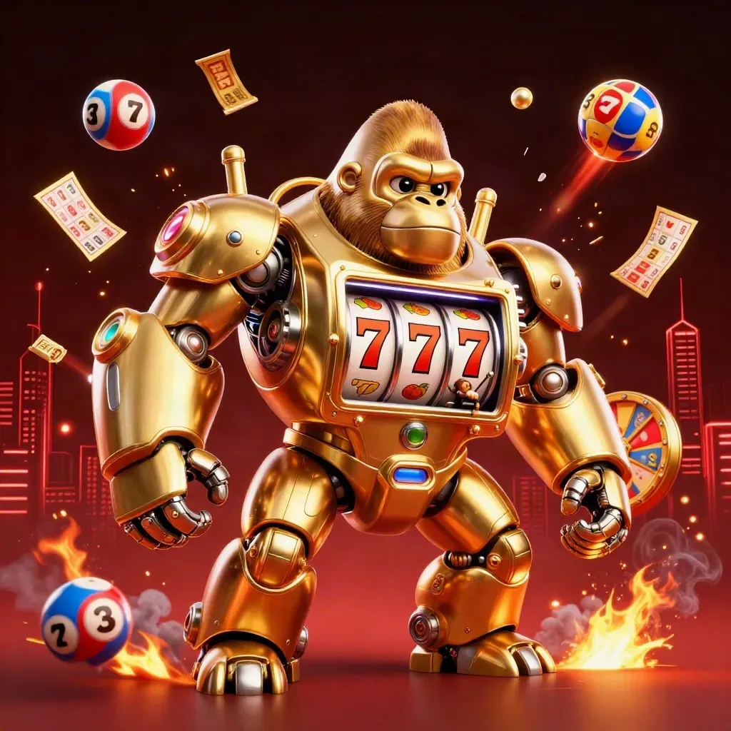 Golden gorilla mech with monkey pilot, lottery balls, bingo card, prize wheel and glowing reels on a dark casino backdrop